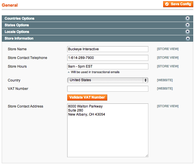 A "Store Hours" field in the Magento "Store Information" configuration page