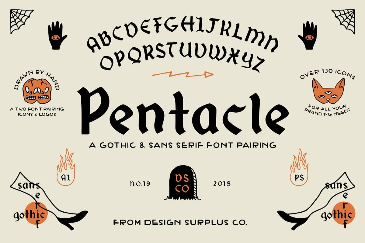 Pentacle A Gothic & Sans Serif Font Pairing from Design Surplus Co. Over 130 Icons For All Your Branding Needs